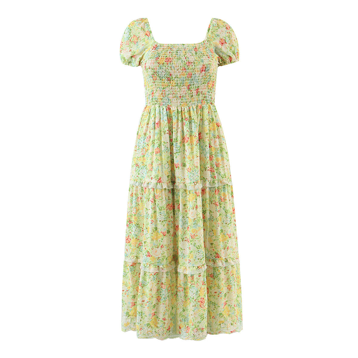 Summer Women Clothing Square Collar Short Sleeve High Waist Tied Stitching Floral Stringy Selvedge Dress Women Bella Mia